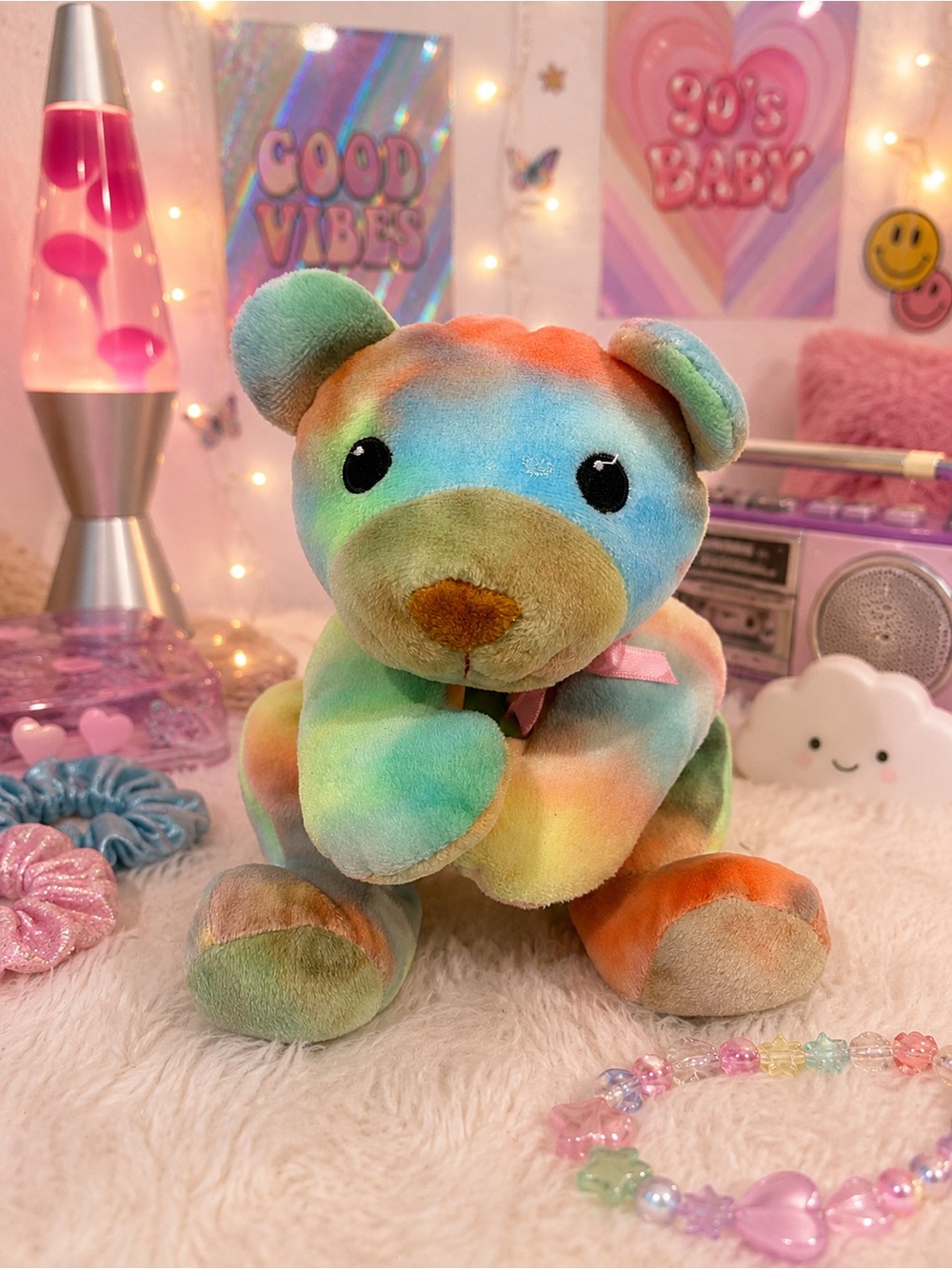 Vintage 1998 TY Pillow Pals Sherbet Tie Dye Bear Plush Pastel Rainbow Teddy
